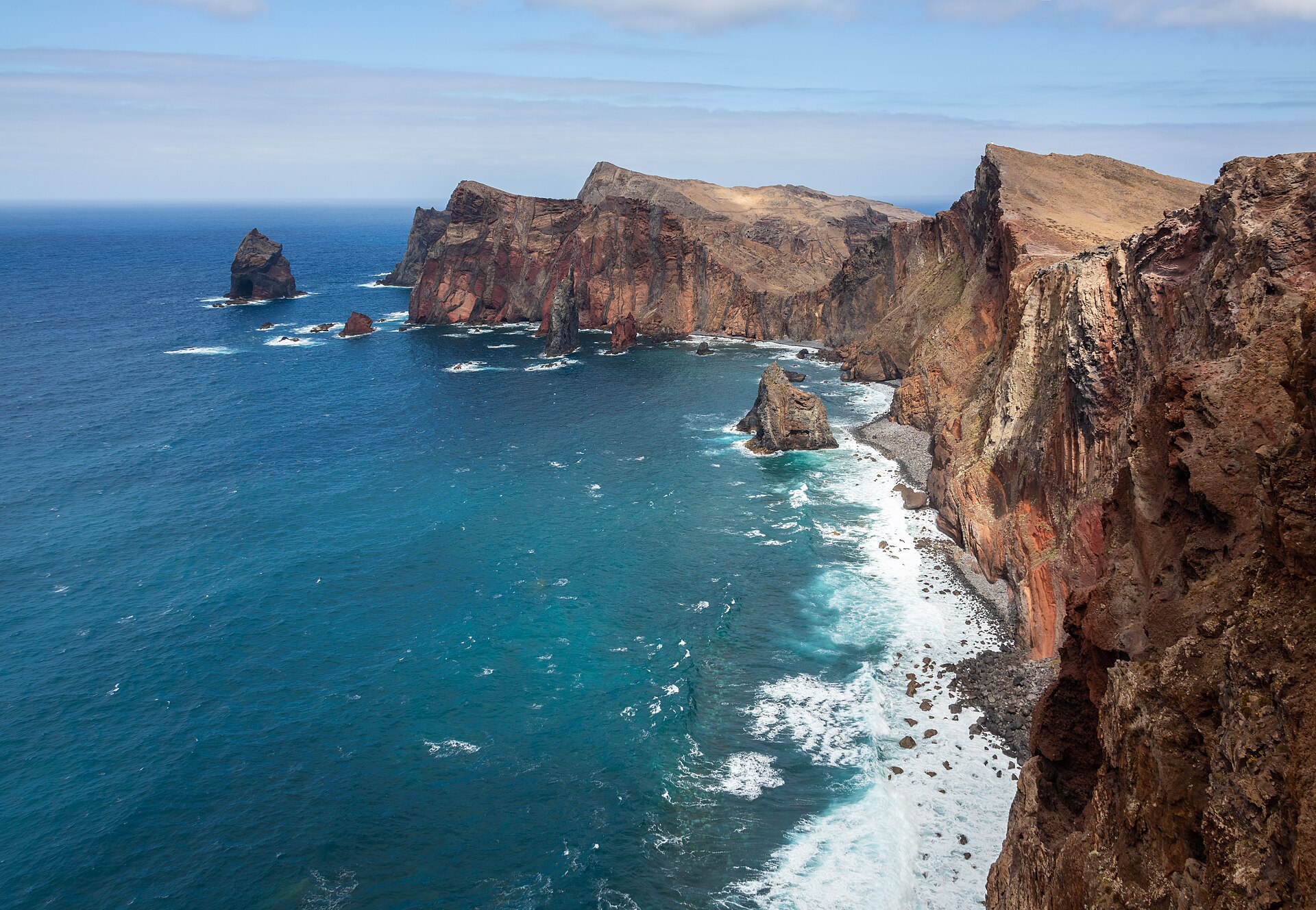 Volcanic coastline and blue Atlantic water at Ponta de São Lourenço, Madeira