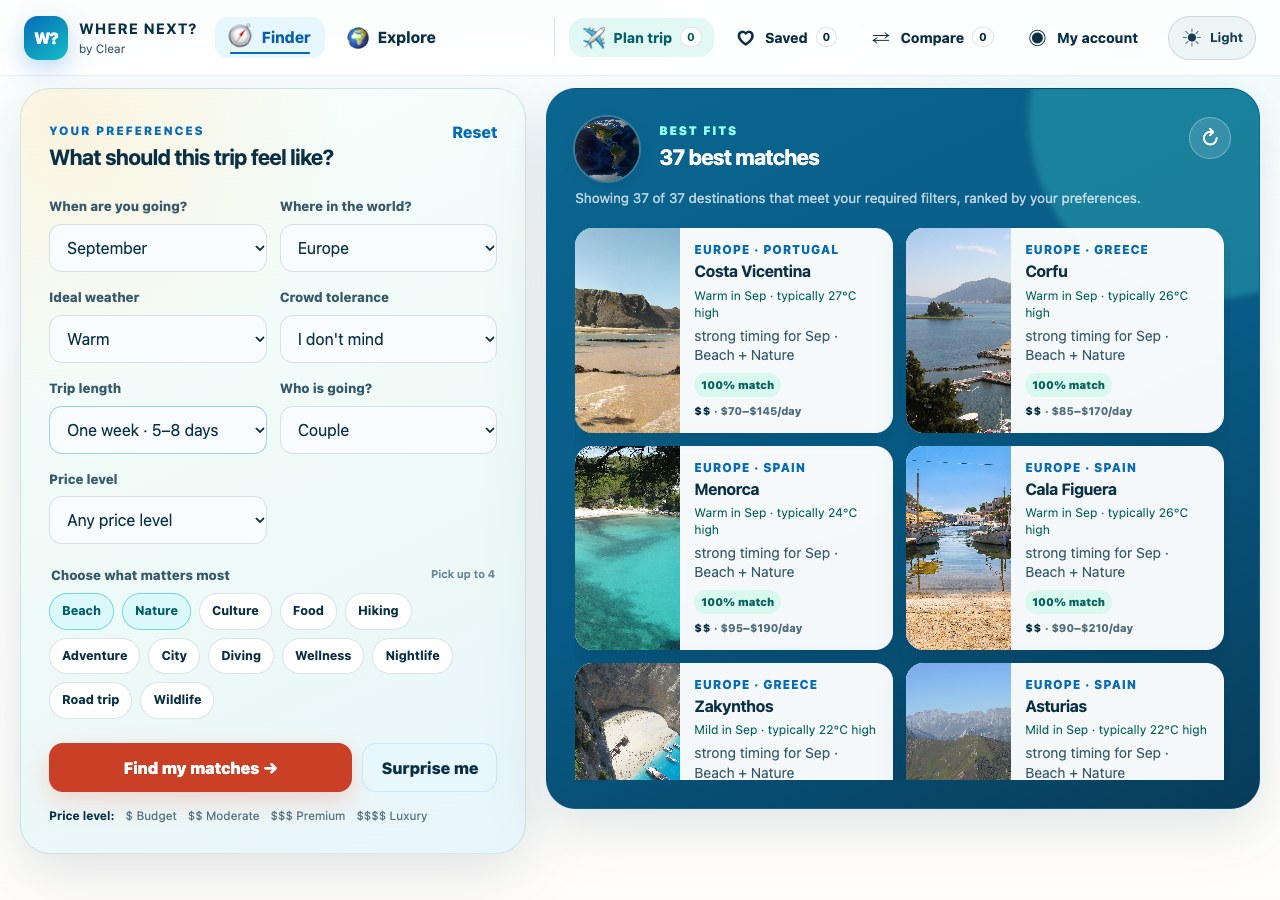 The real Where Next Finder: September, warm weather and European destinations, with calculated match scores and typical temperatures.